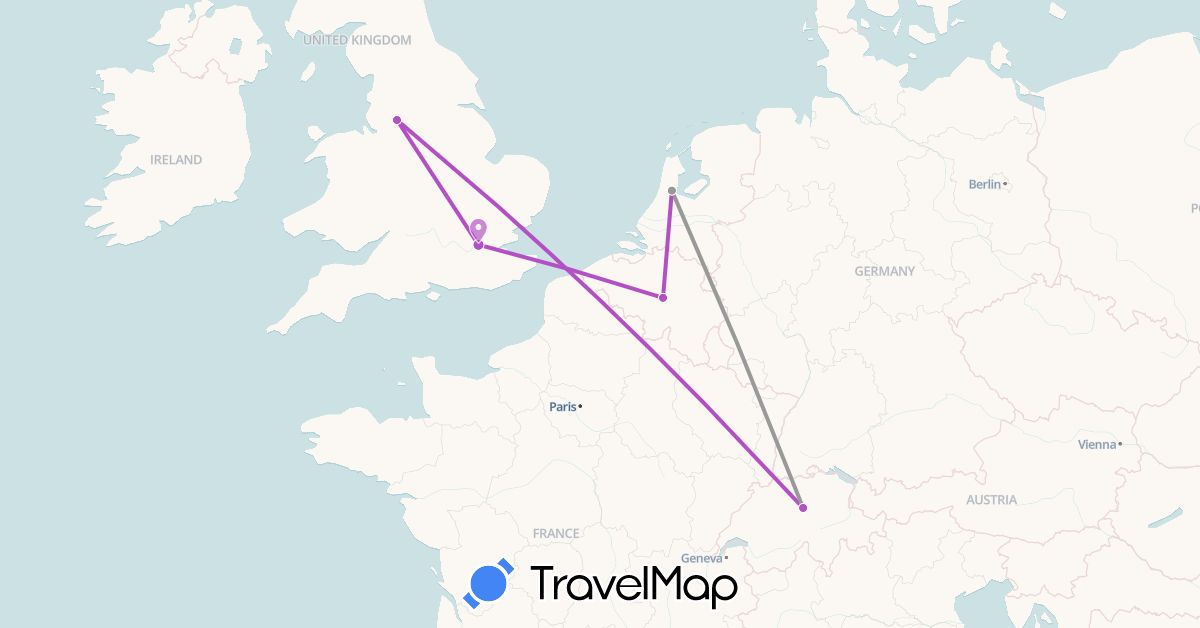 TravelMap itinerary: plane, train in Belgium, Switzerland, United Kingdom, Netherlands (Europe)